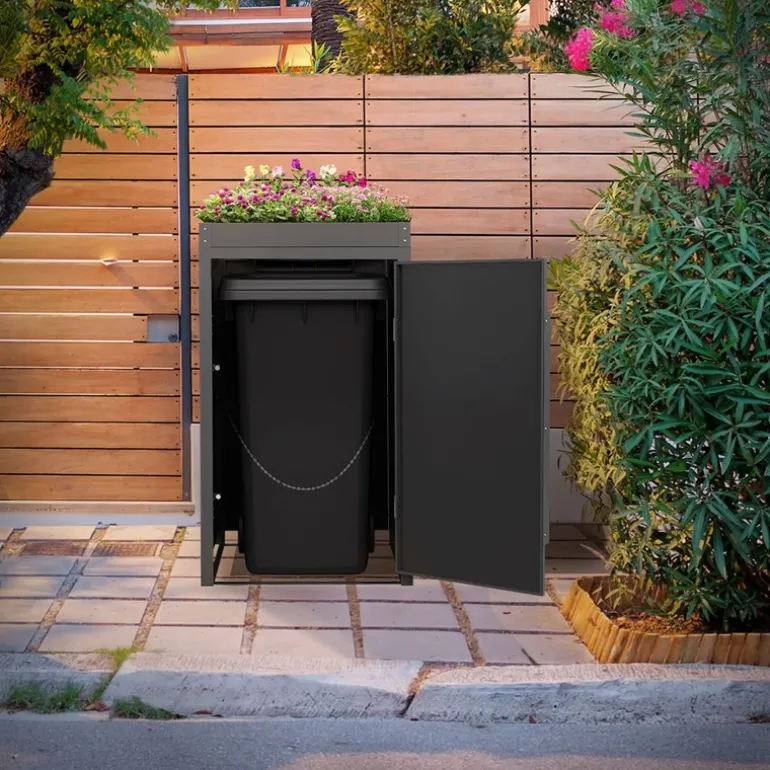 Mülltonnenbox mit Pflanzdach 1er bis 240 Liter 68x80x124 cm aus Stahl in Anthrazit-Eiche dunkel ML-Design