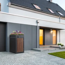 Mülltonnenbox mit Pflanzdach 1er bis 240 Liter 68x80x124 cm aus Stahl in Anthrazit-Eiche dunkel ML-Design