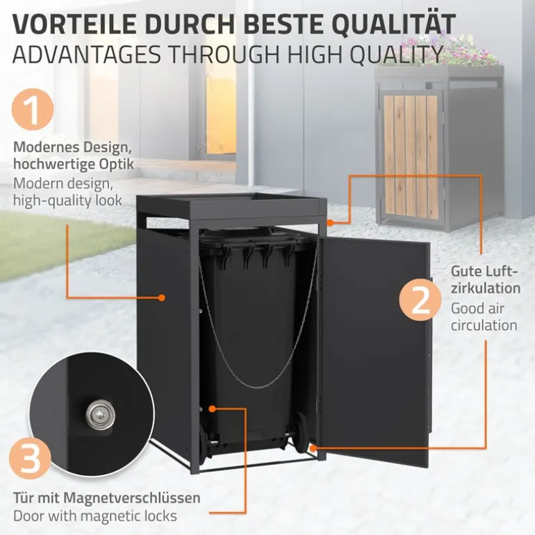 Mülltonnenbox mit Pflanzdach 1er bis 240 Liter 68x80x124 cm aus Stahl in Anthrazit-Holzoptik ML-Design