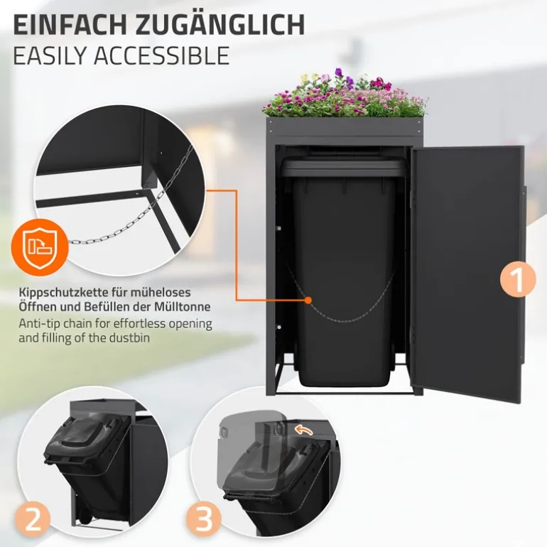 Mülltonnenbox mit Pflanzdach 1er bis 240 Liter 68x80x124 cm aus Stahl in Anthrazit-Holzoptik ML-Design