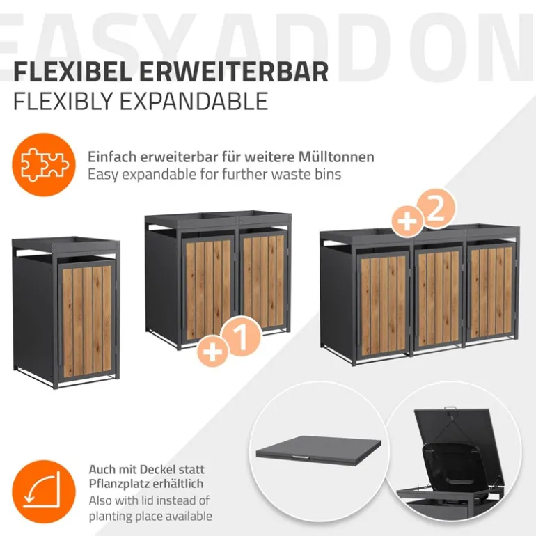 Mülltonnenbox mit Pflanzdach 1er bis 240 Liter 68x80x124 cm aus Stahl in Anthrazit-Holzoptik ML-Design