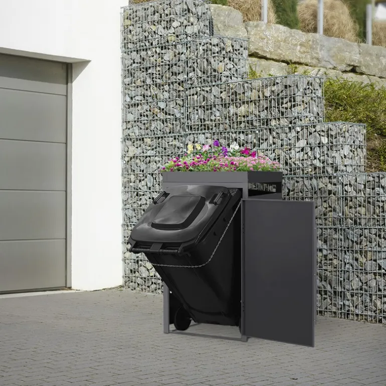 Mülltonnenbox mit Pflanzdach 1er bis 240 Liter 68x80x124 cm aus Stahl in Anthrazit-Holzoptik ML-Design
