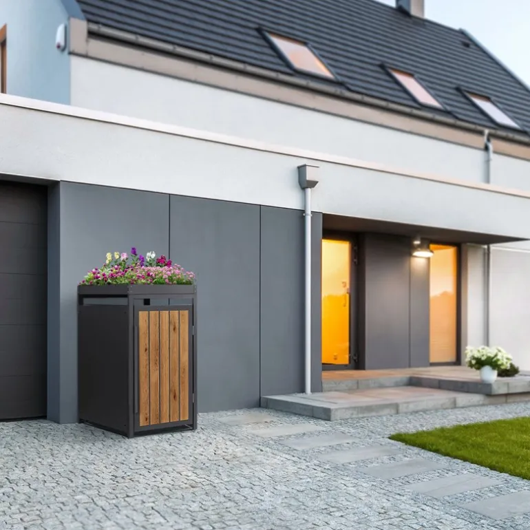 Mülltonnenbox mit Pflanzdach 1er bis 240 Liter 68x80x124 cm aus Stahl in Anthrazit-Holzoptik ML-Design
