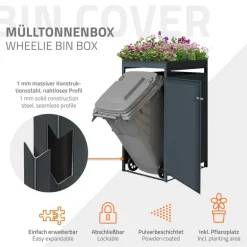 Mülltonnenbox mit Pflanzdach 1er bis 240L 68x80x124 cm aus Stahl in Anthrazit ML-Design
