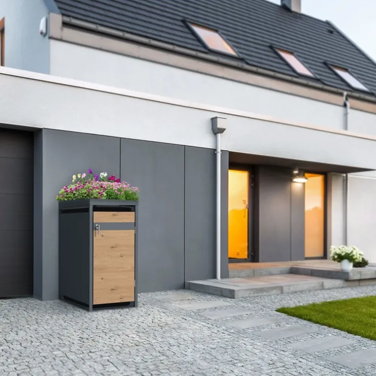 Mülltonnenbox mit Pflanzdach 1er bis 240L 68x80x124 cm aus Stahl in Eichenoptik ML-Design