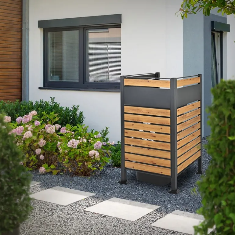 Mülltonnenzaun 91x91x150 cm Anthrazit/Holzoptik aus Stahl ML-Design