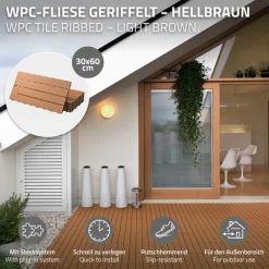 2m² 12 Stück WPC Terrassenfliesen 60x30 cm Hellbraun in Holzoptik Balkon Bodenbelag mit Drainage und Klicksystem Terrassendielen Balkonfliesen