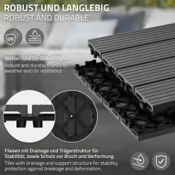 1m² 11 Stück WPC Terrassenfliesen 30x30 cm Anthrazit in Holzoptik Balkon Bodenbelag mit Drainage und Klicksystem Terrassendielen Balkonfliesen