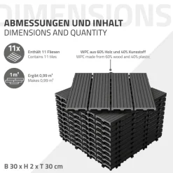 1m² 11 Stück WPC Terrassenfliesen 30x30 cm Anthrazit in Holzoptik Balkon Bodenbelag mit Drainage und Klicksystem Terrassendielen Balkonfliesen