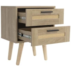Nachttisch 2er Set 40x50,5x30 cm Eiche-Optik Beistelltisch mit 2 Schubladen und Rattanfront & Massivholzfüßen ML-Design