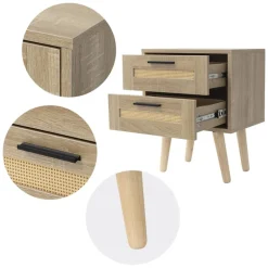 Nachttisch 2er Set 40x50,5x30 cm Eiche-Optik Beistelltisch mit 2 Schubladen und Rattanfront & Massivholzfüßen ML-Design