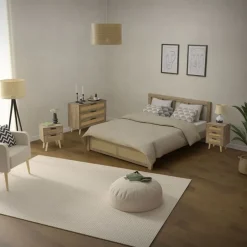Nachttisch 2er Set 40x50,5x30 cm Eiche-Optik Beistelltisch mit 2 Schubladen und Rattanfront & Massivholzfüßen ML-Design