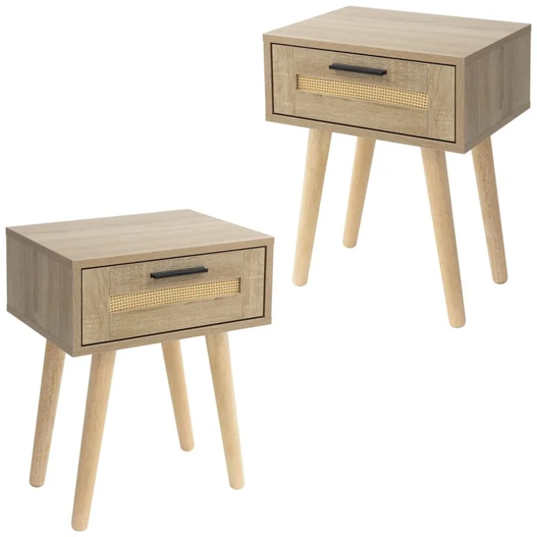 Nachttisch 2er Set 40x50,5x30 cm Eiche-Optik Beistelltisch mit Rattanfront & Massivholzfüßen ML-Design