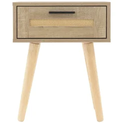 Nachttisch 2er Set 40x50,5x30 cm Eiche-Optik Beistelltisch mit Rattanfront & Massivholzfüßen ML-Design