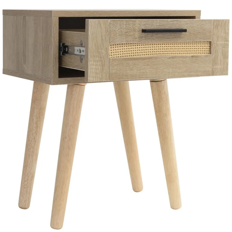 Nachttisch 2er Set 40x50,5x30 cm Eiche-Optik Beistelltisch mit Rattanfront & Massivholzfüßen ML-Design