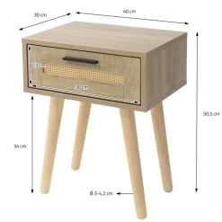 Nachttisch 2er Set 40x50,5x30 cm Eiche-Optik Beistelltisch mit Rattanfront & Massivholzfüßen ML-Design