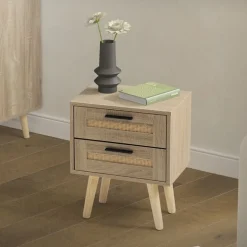 Nachttisch 40x50,5x30 cm Eiche-Optik Beistelltisch mit 2 Schubladen und Rattanfront & Massivholzfüßen ML-Design