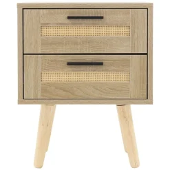 Nachttisch 40x50,5x30 cm Eiche-Optik Beistelltisch mit 2 Schubladen und Rattanfront & Massivholzfüßen ML-Design