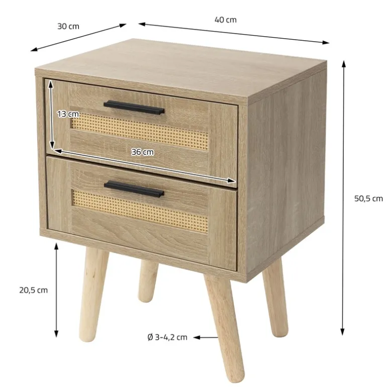 Nachttisch 40x50,5x30 cm Eiche-Optik Beistelltisch mit 2 Schubladen und Rattanfront & Massivholzfüßen ML-Design