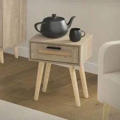 Nachttisch 40x50,5x30 cm Eiche-Optik Beistelltisch mit Rattanfront & Massivholzfüßen ML-Design