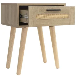 Nachttisch 40x50,5x30 cm Eiche-Optik Beistelltisch mit Rattanfront & Massivholzfüßen ML-Design