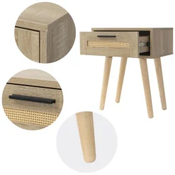 Nachttisch 40x50,5x30 cm Eiche-Optik Beistelltisch mit Rattanfront & Massivholzfüßen ML-Design