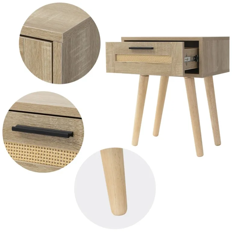 Nachttisch 40x50,5x30 cm Eiche-Optik Beistelltisch mit Rattanfront & Massivholzfüßen ML-Design