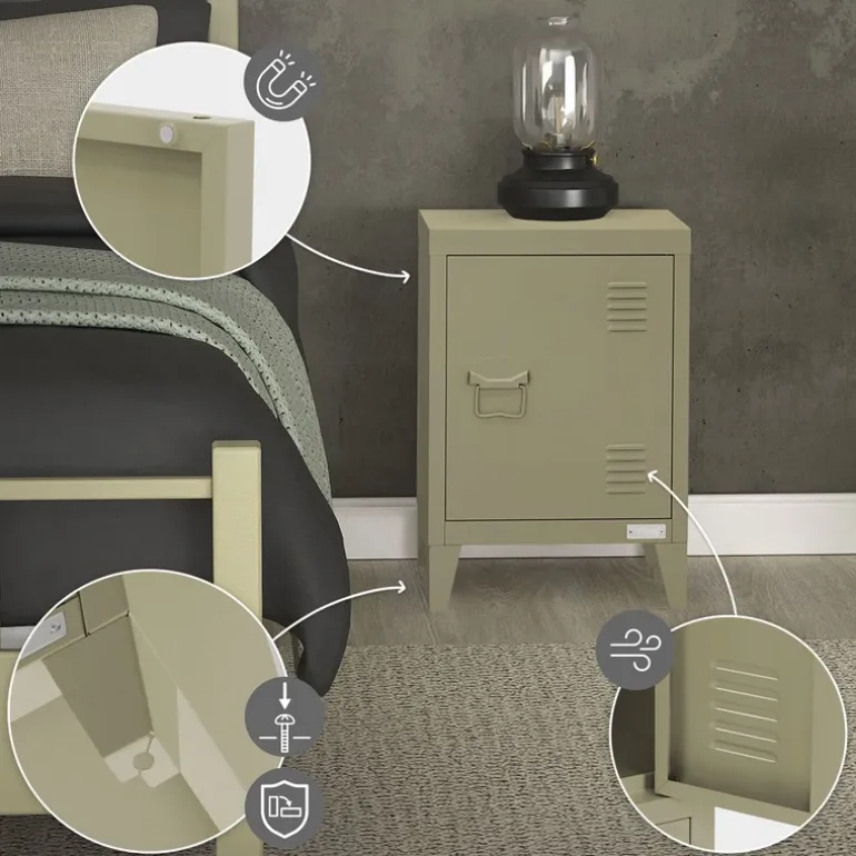 Nachttisch 40x30x58 cm Olive aus Stahl mit verstellbarer Regalboden ML Design