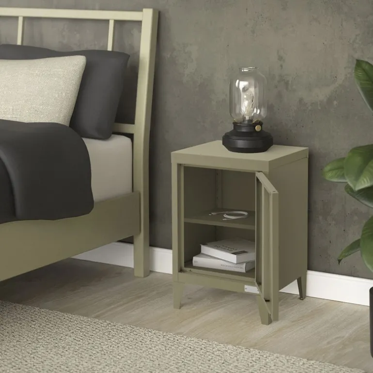 Nachttisch 40x30x58 cm Olive aus Stahl mit verstellbarer Regalboden ML Design