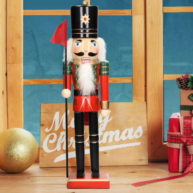 Nussknacker Figur mit schwarzer Hut und Fahne 25 cm aus Holz