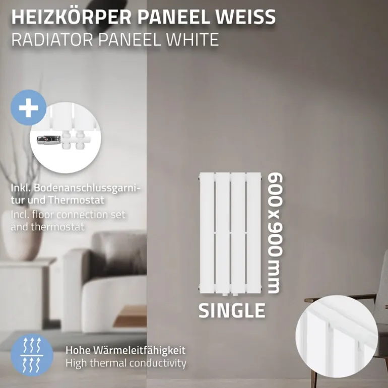 Paneelheizkörper Einlagig 300x600 mm Weiß mit Boden Anschlussgarnitur ML-Design