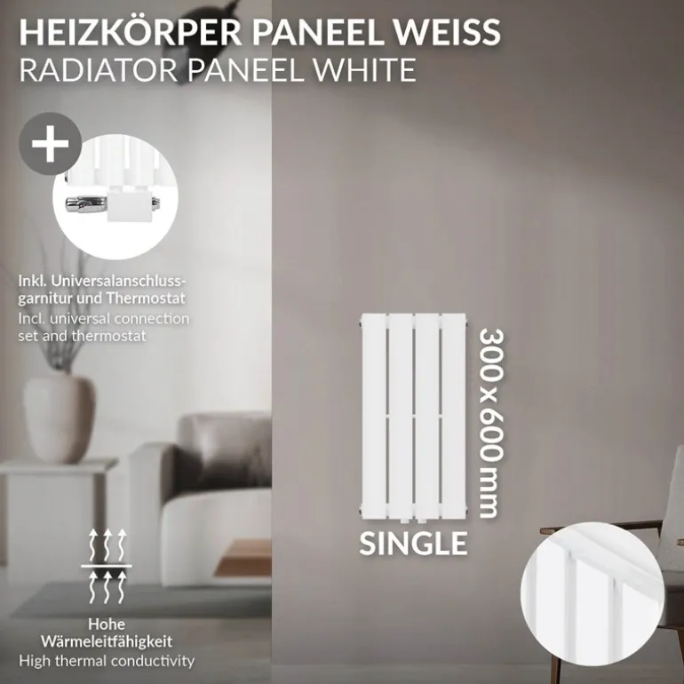 Paneelheizkörper Einlagig 300x600 mm Weiß mit Universale Anschlussgarnitur ML-Design