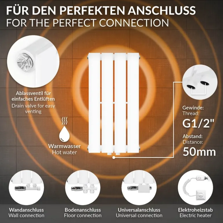 Paneelheizkörper Einlagig 300x600 mm Weiß mit Universale Anschlussgarnitur ML-Design