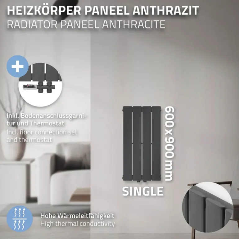 Paneelheizkörper Einlagig 600x300 mm Anthrazit mit Boden Anschlussgarnitur ML-Design