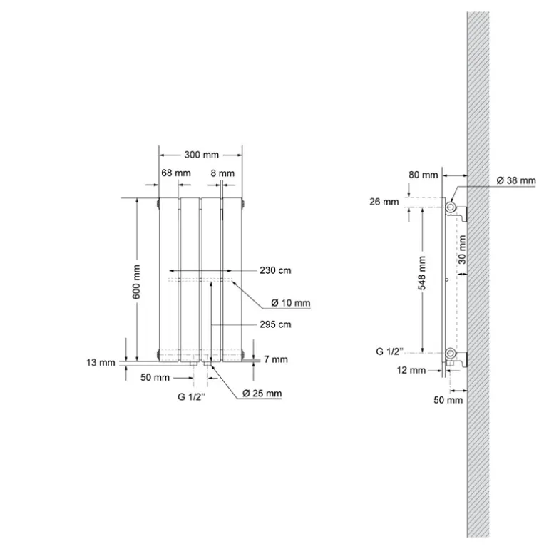 Paneelheizkörper Einlagig 600x300 mm Anthrazit mit Boden Anschlussgarnitur ML-Design