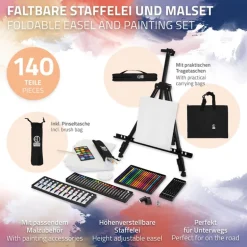Premium Staffelei ausziehbar bis 156 cm mit Mal-Set 140 teilig