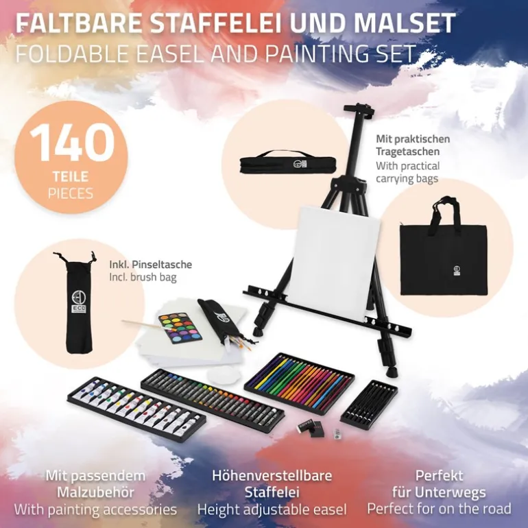 Premium Staffelei ausziehbar bis 156 cm mit Mal-Set 140 teilig