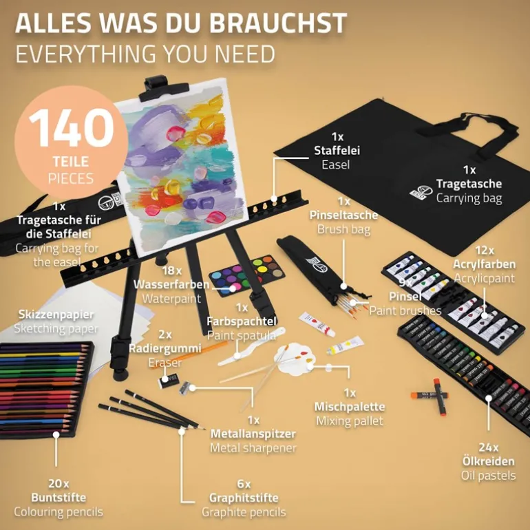 Premium Staffelei ausziehbar bis 156 cm mit Mal-Set 140 teilig