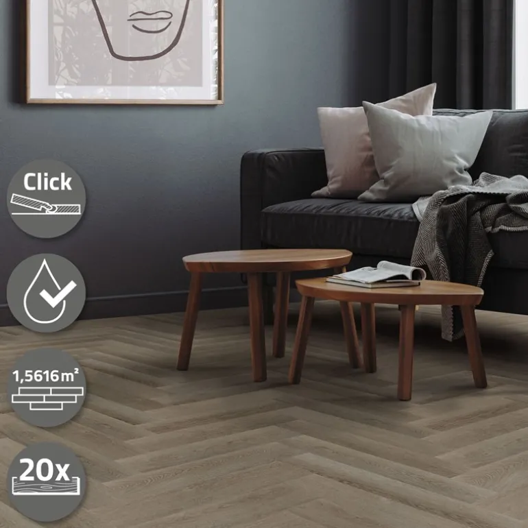 PVC Vinylboden Bodenbelag Set à 20 Dielen 4,2mm für 1,56m² mit Klick-System Fischgräte Eiche dunkel ML-Design