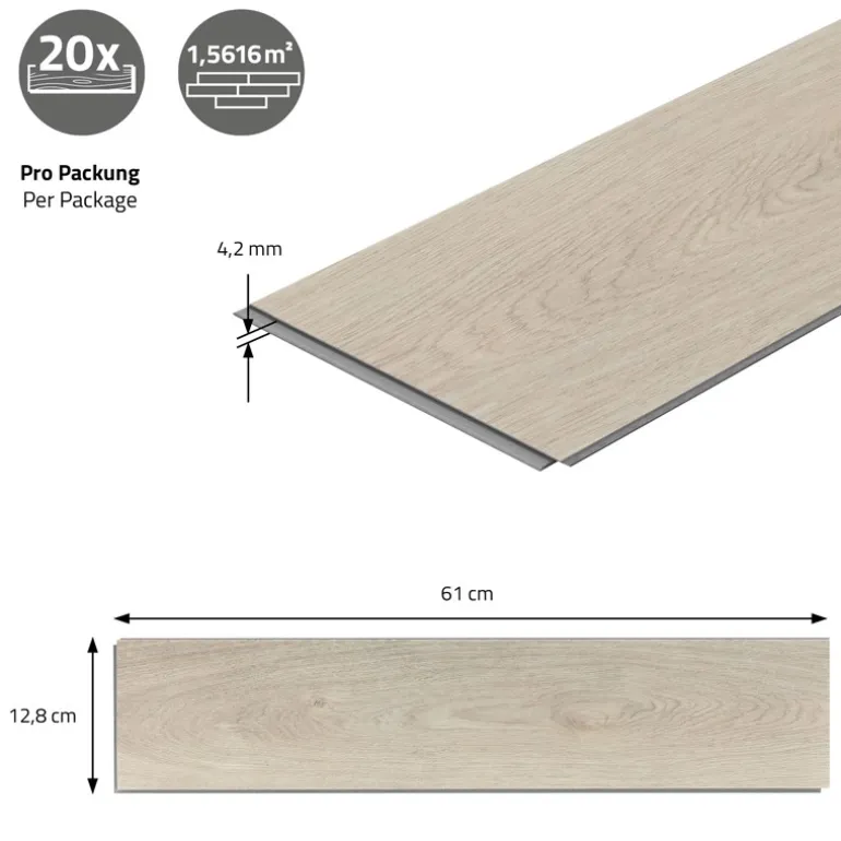 PVC Vinylboden Bodenbelag Set à 20 Dielen 4,2mm für 1,56m² mit Klick-System Fischgräte Eiche hell ML-Design