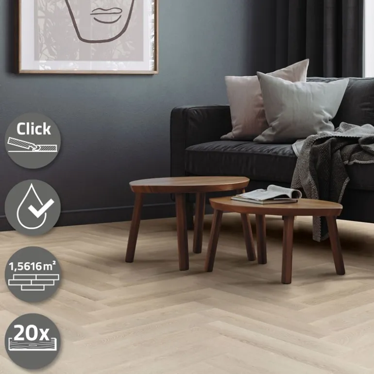 PVC Vinylboden Bodenbelag Set à 20 Dielen 4,2mm für 1,56m² mit Klick-System Fischgräte Eiche hell ML-Design