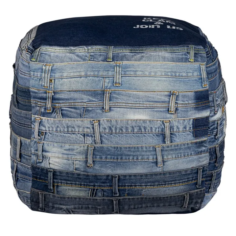 Quadratischer Sitzhocker Blau 45x45x45 cm aus Jeans mit Baumwolle Füllung WOMO-Design