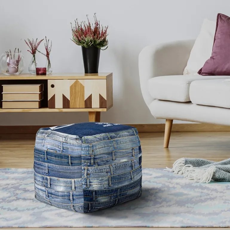 Quadratischer Sitzhocker Blau 45x45x45 cm aus Jeans mit Baumwolle Füllung WOMO-Design