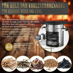 Raketenofen mit Grillpfanne und Power Ring inkl. Tragetasche Silber BBQ#BOSS