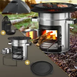 Raketenofen silber aus Stahl inkl. Gusseisen Grillplatte und Tragetasche BBQ#BOSS