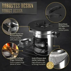 Raketenofen silber aus Stahl inkl. Gusseisen Grillplatte und Tragetasche BBQ#BOSS