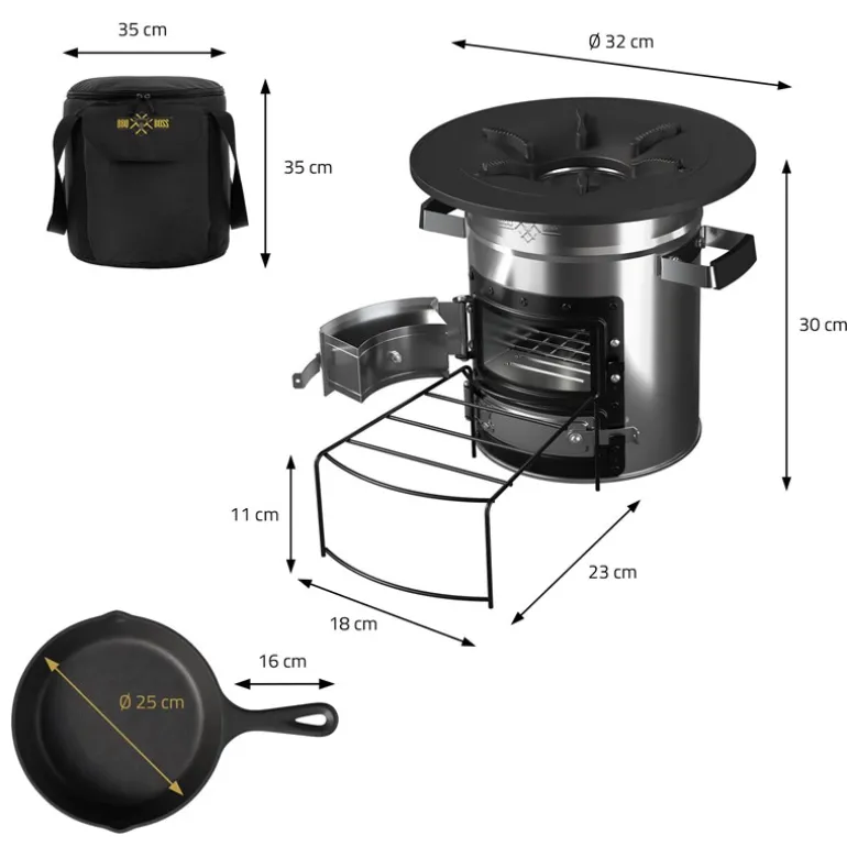 Raketenofen silber aus Stahl inkl. Gusseisen Grillplatte und Tragetasche BBQ#BOSS