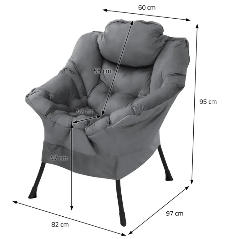 Relaxsessel Anthrazit mit Armlehnen und dickem Kopfkissen und Metallgestell Loungesessel bis 120 kg ML-Design