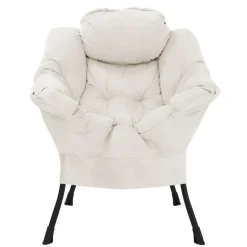 Relaxsessel Creme mit Armlehnen und dickem Kopfkissen und Metallgestell Loungesessel bis 120 kg ML-Design
