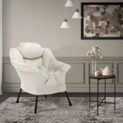 Relaxsessel Creme mit Armlehnen und dickem Kopfkissen und Metallgestell Loungesessel bis 120 kg ML-Design